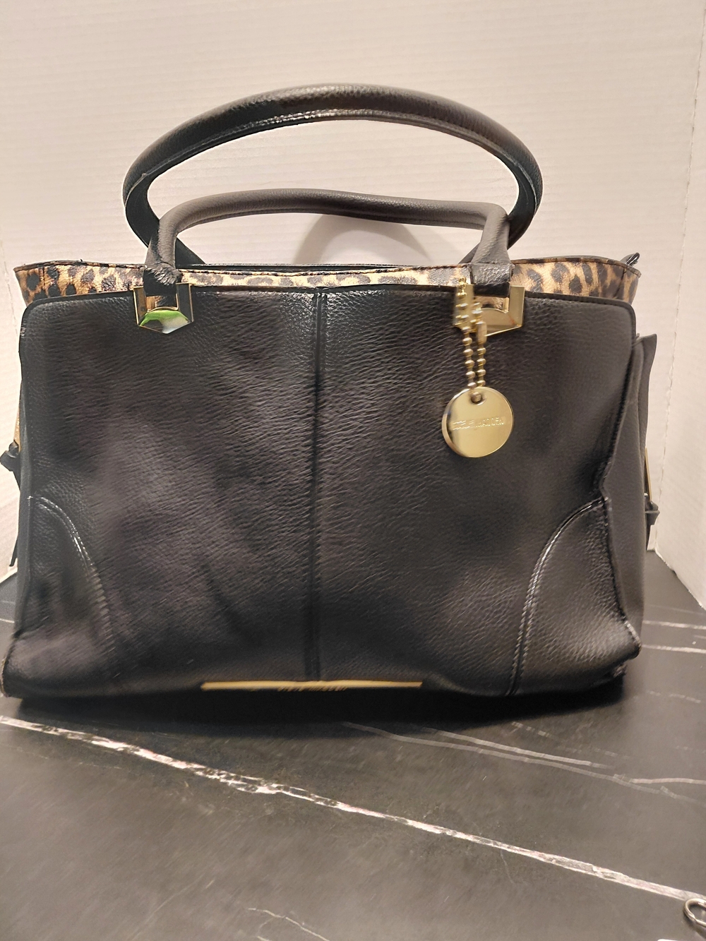 Steve Madden Black Satchel with Leopard Trim and Gold Hardware